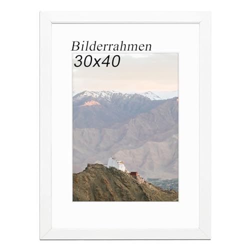 RUN HELIX Bilderrahmen 30 x 40 cm (11.8x15.75inch), Bilderrahmen aus Holz 30x40 mit Passepartout geeignet für 30x40 cm Bildausdruck, Fotorahmen mit Plexiglasfenster für Wandmontage (Weiß) von RUN HELIX