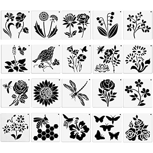 20 Stücke Schablonen Textilgestaltung,RUNEAY Blätter Blumen Schablonen zum Malen Wiederverwendbare Kunststoff Malschablonen für DIY Malen auf Holz Wand Leinwand(5 x 5 zoll) von RUNEAY