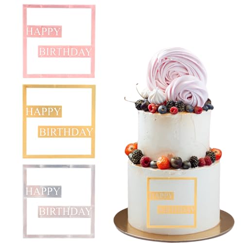 Happy Birthday Tortendeko,3 Stück Happy Birthday Cake Topper Spiegel Acryl Geburtstag Kuchendeko Torten Deko für Geburtstagstorten(Gold,Silber,Roségold) von RUNEAY