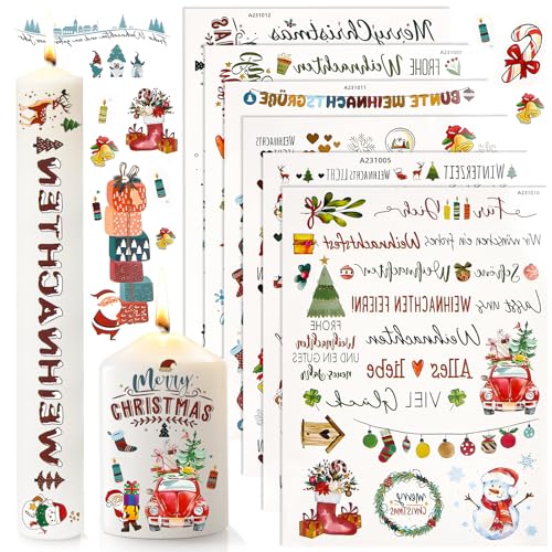 Kerzentattoos Weihnachten 6 Stück, RUNEAY Kerzensticker Weihnachten Wasserschiebefolie Kerzen Tattoo Weihnachten Kerzenfolie Transferpapier Weihnachtskerzen Transferfolie Kerzenaufkleber Sticker von RUNEAY