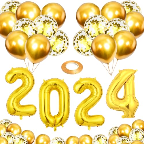 Luftballons Silvester Deko Set 24 Stück, RUNEAY Gold Luftballons Silvesterdeko Neujahr Decoration Bunt Konfetti Ballons und Zahlen Folienballon für Neujahr Deko(Gold) von RUNEAY