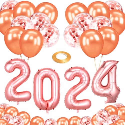 Luftballons Silvester Deko Set 24 Stück, RUNEAY Luftballons Silvesterdeko Neujahr Decoration Bunt Konfetti Ballons und Zahlen Folienballon für Neujahr Deko(Rose Gold) von RUNEAY