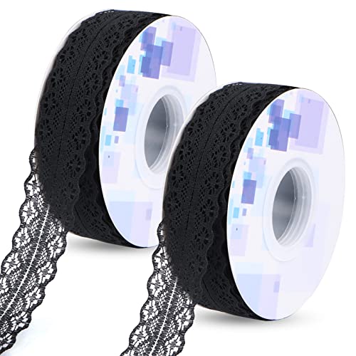 Spitzenband Schwarz 2 Rolls,Spitzenstoff Schwarz Spitzenband,RUNEAY 45 Meter Spitzenband Schwarz Vintage Spitzenbordüre Zum Nähen für Hochzeit Tischdeko Basteln Geschenkband Kraftpapier (3CM) von RUNEAY