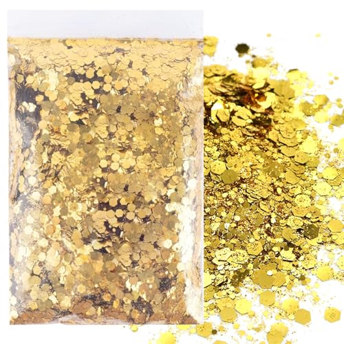 50g Gold Farben Glitzerpulver Set,Gemischte Grobe Feine FlockenCraft Glitzerpuder für Harz Nagelkunst Haare Gesicht Karten Festival Party Dekoration Masquerade,Vier Größen (0,2 mm,1 mm,2 mm,3 mm) von RUOXIXI