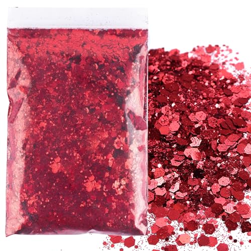 50g Rot Farben Pailletten Glitzer Set,Gemischte Grobe Feine FlockenCraft Glitzerpuder für Epoxidharz Haare Nagelkunst Gesicht Gesicht Augen Festival Make-up,Vier Größen (0,2 mm,1 mm,2 mm,3 mm) von RUOXIXI