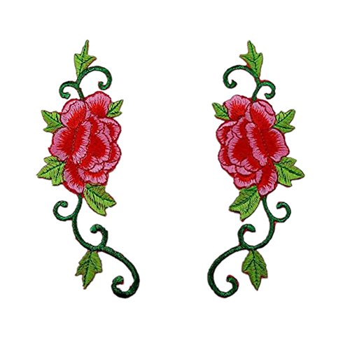 Bestickte Blumen-Stoffaufnäher, Applikationen für Kleidung, 1 Paar bestickte Applikationen zum Aufnähen oder Aufbügeln (Pfingstrosenrot) von RURUR