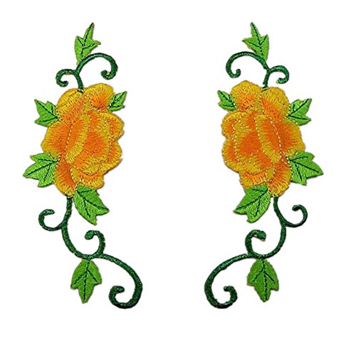 Bestickte Stoffaufnäher, Applikationen für Kleidung, 1 Paar bestickte Applikationen zum Aufnähen oder Aufbügeln (Pfingstrosen-Gold) von RURUR