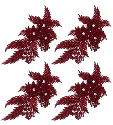 Bestickte Stoffaufnäher, Applikationen für Kleidung, 4 Stück, Glitzer-Strass-Blumen-Applikation (Burgunderrot) von RURUR