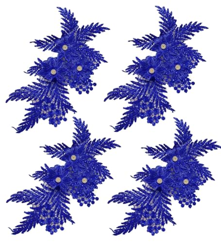 Bestickte Stoffaufnäher, Applikationen für Kleidung, 4 Stück, Glitzer-Strass-Blumenapplikation (Königsblau) von RURUR