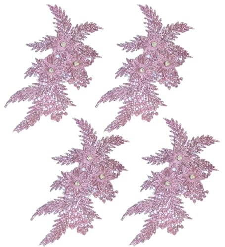 Bestickte Stoffaufnäher, Applikationen für Kleidung, 4 Stück, Glitzer-Strass-Blumenapplikation (Rosa) von RURUR