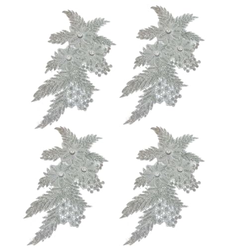 Bestickte Stoffaufnäher, Applikationen für Kleidung, 4 Stück, Glitzer-Strass-Blumenapplikation (Silber) von RURUR
