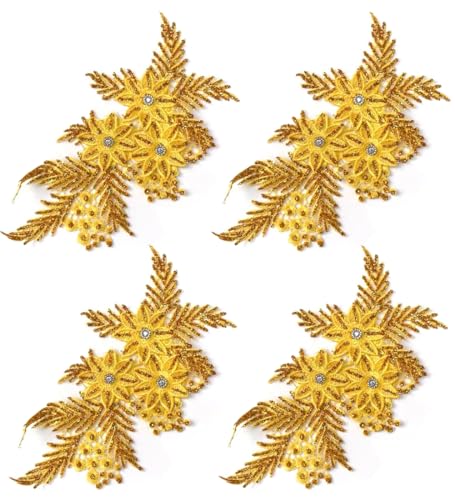 Bestickte Stoffaufnäher, Applikationen für Kleidung, 4 Stück, Glitzer-Strass-Blumenapplikation (gelb) von RURUR