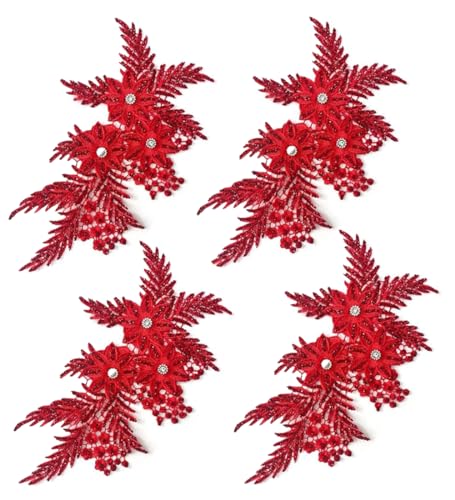 Bestickte Stoffaufnäher, Applikationen für Kleidung, 4 Stück, Glitzer-Strass-Blumenapplikation (rot) von RURUR