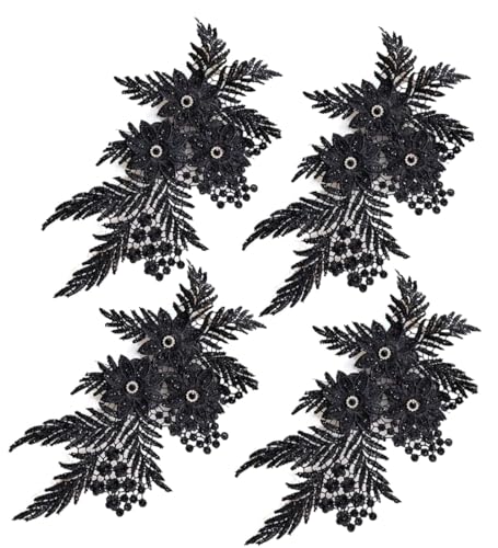 Bestickte Stoffaufnäher, Applikationen für Kleidung, 4 Stück, Glitzer-Strass-Blumenapplikation (schwarz) von RURUR