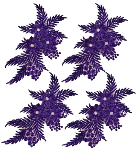 Bestickte Stoffaufnäher mit Blumen, Applikationen für Kleidung, 4 Stück, Glitzer-Strass-Blumenapplikation (Dunkelviolett) von RURUR