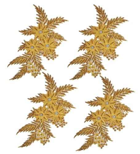 Bestickte Stoffaufnäher mit Blumen, Applikationen für Kleidung, 4 Stück, Glitzer-Strass-Blumenapplikation (Gold) von RURUR