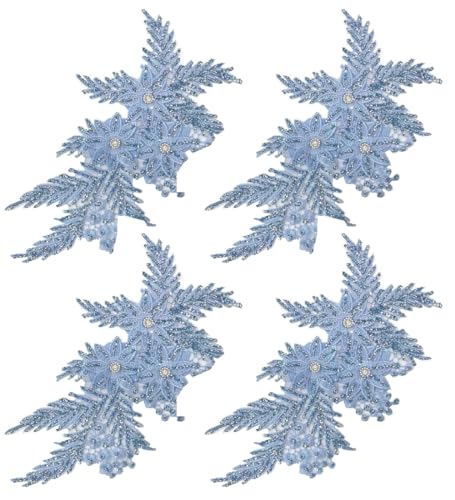 Bestickte Stoffaufnäher mit Blumen, Applikationen für Kleidung, 4 Stück, Glitzer-Strass-Blumenapplikation (Himmelblau) von RURUR
