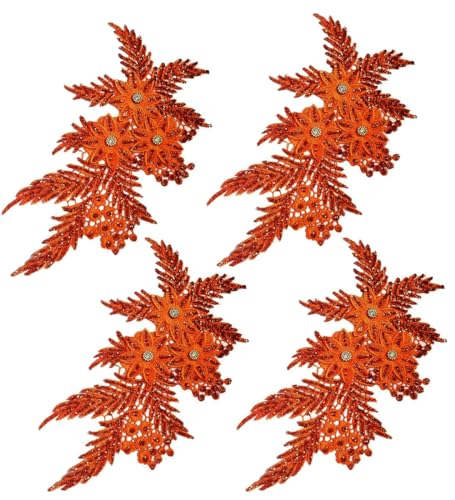 Bestickte Stoffaufnäher mit Blumen, Applikationen für Kleidung, 4 Stück, Glitzer-Strass-Blumenapplikation (orange) von RURUR