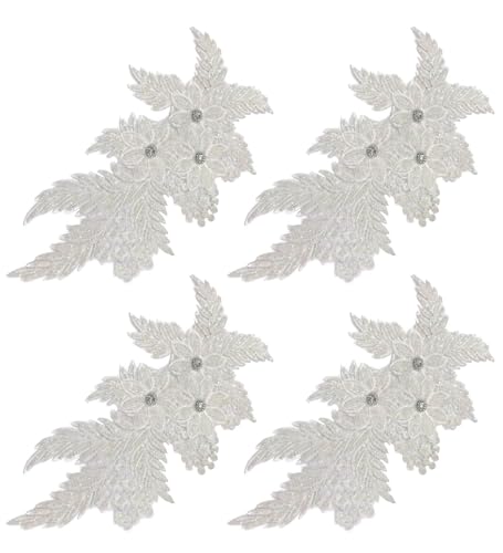 Bestickte Stoffaufnäher mit Blumen, Applikationen für Kleidung, 4 Stück, Glitzer-Strass-Blumenapplikation (weiß) von RURUR