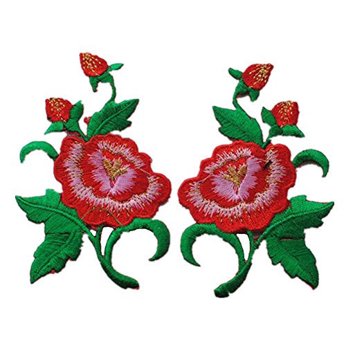 Bestickte Stoffaufnäher mit Blumenmuster, Applikationen für Kleidung, 1 Paar bestickte Applikationen zum Aufnähen oder Aufbügeln (Jasminknospenrot) von RURUR
