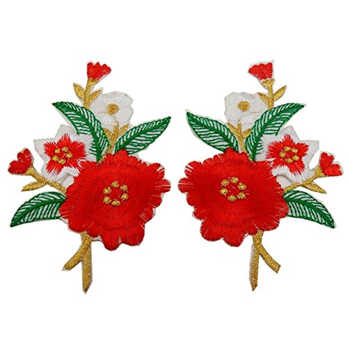 Bestickte Stoffaufnäher mit Blumenmuster, Applikationen für Kleidung, 1 Paar bestickte Applikationen zum Aufnähen oder Aufbügeln (Jasminrot) von RURUR