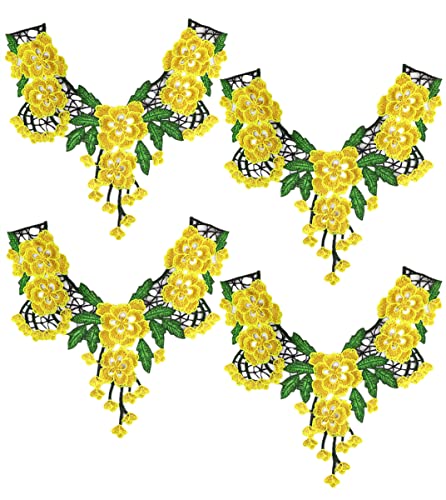 Bestickte Stoffaufnäher mit Blumenmuster, Applikationen für Kleidung, 4 Stück, bestickte Halsausschnitt-Applikation (gelb) von RURUR