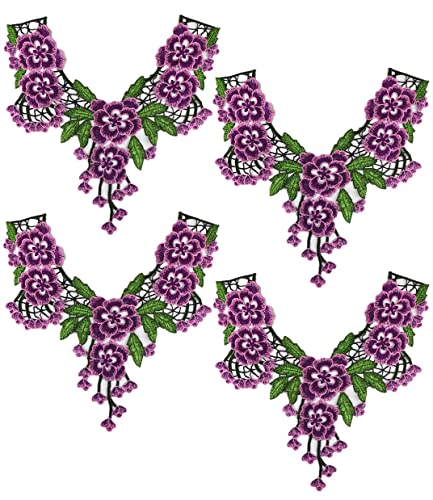 Bestickte Stoffaufnäher mit Blumenmuster, Applikationen für Kleidung, 4 Stück, bestickte Halsausschnitt-Applikation (lila) von RURUR