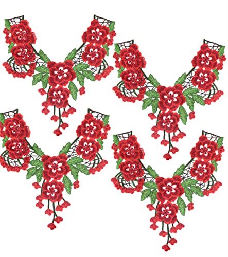 Bestickte Stoffaufnäher mit Blumenmuster, Applikationen für Kleidung, 4 Stück, bestickte Halsausschnitt-Applikation (rot) von RURUR