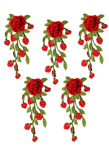 Bestickte Stoffaufnäher mit Blumenmuster, Applikationen für Kleidung, 5 Stück, bestickt, Pfingstrosen-Applikation (rot) von RURUR
