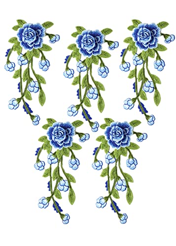 Bestickte Stoffaufnäher mit Blumenmuster, Applikationen für Kleidung, 5 Stück, bestickte Aufnäher zum Aufnähen, Pfingstrosen-Applikation (blau) von RURUR