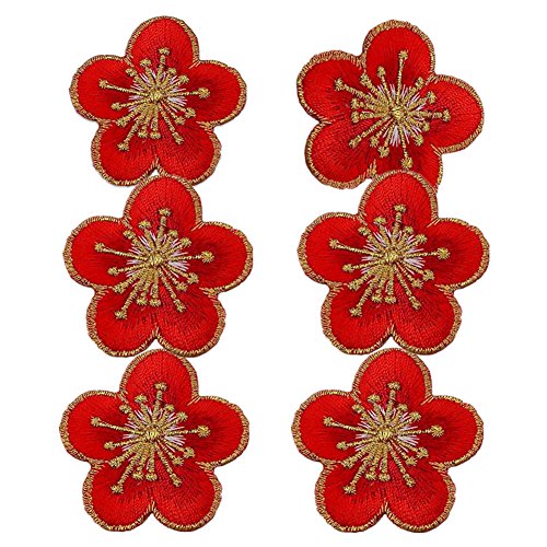Bestickte Stoffflicken mit Blumenmuster, Applikationen für Kleidung, 6 Stück, kleine Pflaume, zum Aufbügeln, Blume, dekorativ (rot) von RURUR