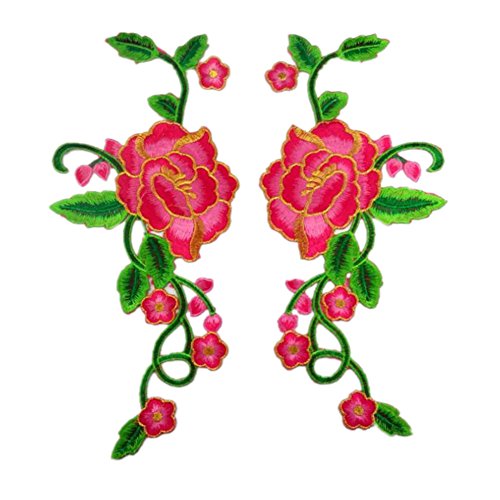 Bestickter Stoffaufnäher, Applikationen für Kleidung, 1 Paar blühende Pfingstrosen in grünen Ranken (Rose) von RURUR