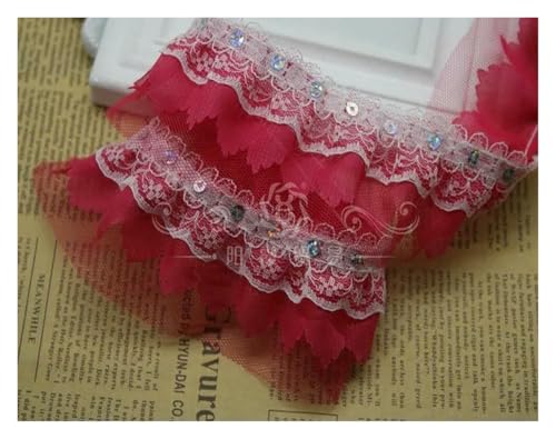 Gerüschter plissierter Spitzenbesatz, Spitzenbesatz zum Nähen, 40 m, Vintage-Rüschen, Satin-Chiffon-Band, Stoff (Hot Pink) von RURUR