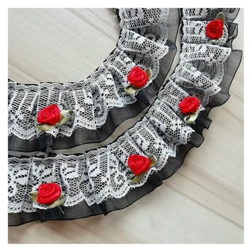 Gerüschter plissierter Spitzenbesatz, Spitzenborte zum Nähen, 2 Yard 2-lagige Blumenapplikation, Stoff, Rüschen (schwarz) von RURUR