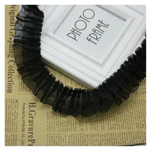 Gerüschter plissierter Spitzenbesatz, Spitzenborte zum Nähen, 40 Meter Satin, 2-lagig, Organza, Rüschen, Chiffonband (schwarzes zweilagiges Garn) von RURUR