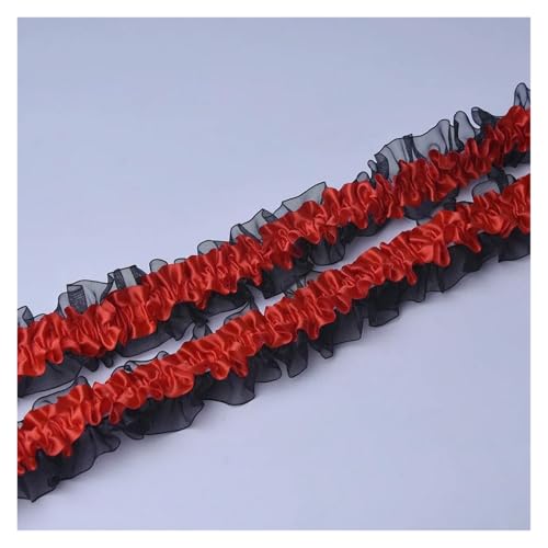 Gerüschter plissierter Spitzenbesatz, Spitzenborte zum Nähen, 45,7 m, doppellagiger Chiffon, 3,8 cm breit, elastische Rüschen, Rot von RURUR