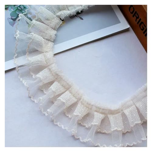 Gerüschter plissierter Spitzenbesatz, Spitzenborte zum Nähen, 5 cm breit, doppellagig, Netzstoff, Punkte, Stickerei, Rüschendekoration (Beige) von RURUR