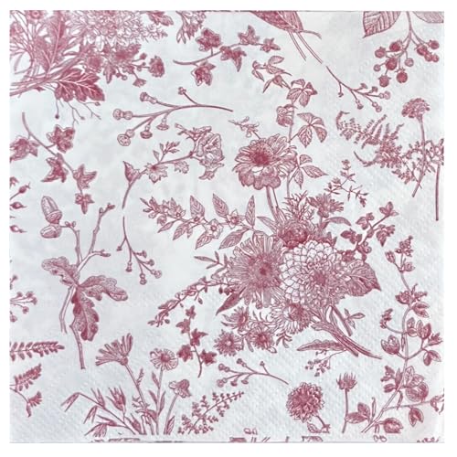 RUSPEPA 25 Stück Cocktailservietten mit roten Blumenmustern – rote und weiße Toile-Papierservietten für Braut- und Babypartys, Teepartys, Gartenpartys, Geburtstagspartys – (12,7 x 12,7 cm) 5 x 5 Zoll von RUSPEPA