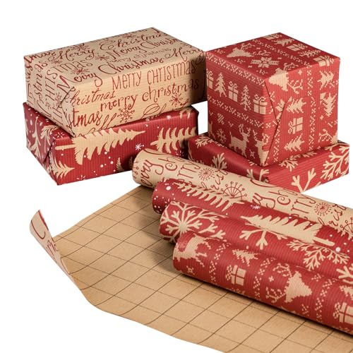 RUSPEPA 4 Rollen Weihnachts-Geschenkpapier aus Kraftpapier – rotes Rentier, Schneeflocke, Weihnachtsbaum und Textdesign – 43,2 cm x 3 m pro Rolle RUSPEPA 4 Rollen Weihnachts-Geschenkpapier aus Kraftpapier – rotes Rentier, Schneeflocke, Weihnachtsbaum und Textdesign – 43,2 cm x 3 m pro Rolle von RUSPEPA