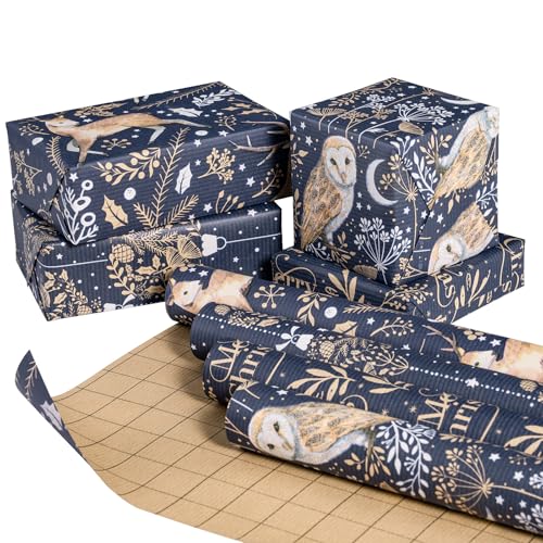 RUSPEPA 4 Rollen Weihnachts-Geschenkpapierrolle aus Kraftpapier – Blaue Eule, Rentier, Weihnachtskugel und Textdesign – 43,2 cm x 3 m pro Rolle RUSPEPA 4 Rollen Weihnachts-Geschenkpapierrolle aus Kraftpapier – Blaue Eule, Rentier, Weihnachtskugel und Textdesign – 43,2 cm x 3 m pro Rolle von RUSPEPA