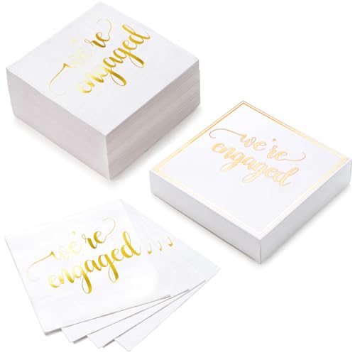 RUSPEPA 50 Stück „Engaged“-Servietten – Einweg-Mittagsservietten aus 3-lagigem Papier, Goldfolie „We're Engaged“ – 16,5x16,5cm/33x33cm(aufgeklappt) von RUSPEPA