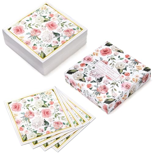 RUSPEPA 50 Stück Geburtstagsservietten – Einwegserviette aus 3-lagigem Papier, rosa Blumen mit „Happy Birthday“ – 16,5 x 16,5 cm/33 x 33 cm (aufgeklappt) von RUSPEPA
