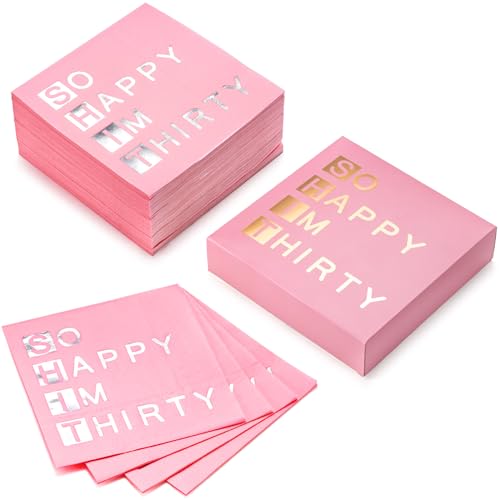 RUSPEPA 50 Stück Servietten zum 30. Geburtstag – Einweg-Mittagsserviette aus 3-lagigem Papier, rosa mit Silberfolie „So Happy I'm Thirty“ – 16,5x16,5cm/33x33cm(aufgeklappt) von RUSPEPA