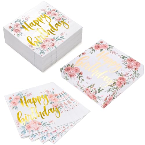 RUSPEPA Geburtstagsservietten – Einwegserviette aus 3-lagigem Papier, Cocktailserviette, gefaltet 16,5 x 16,5 cm/33 x 33 cm (aufgeklappt), Lunchgröße 50 Stück, rosa Blumen mit „Happy Birthday“ von RUSPEPA