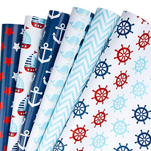 RUSPEPA Geschenkpapierblatt - Nautical Anchors Blue Design Für Geburtstag, Urlaub, Hochzeit, Babyparty - 1 Rolle Enthält 6 Blatt - 44,5 X 76 cm Pro Blatt von RUSPEPA