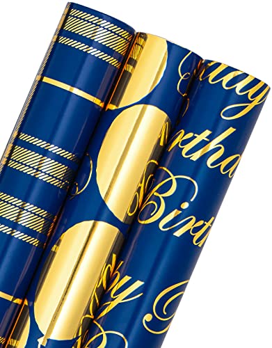 RUSPEPA Geschenkpapierrolle zum Geburtstag – Minirolle – 3 Rollen – 43,2 cm x 3,05 m pro Rolle – Blaues und goldenes Foliendesign für Party, Urlaub, Babyparty RUSPEPA Geschenkpapierrolle zum Geburtstag – Minirolle – 3 Rollen – 43,2 cm x 3,05 m pro Rolle – Blaues und goldenes Foliendesign für Party, Urlaub, Babyparty von RUSPEPA