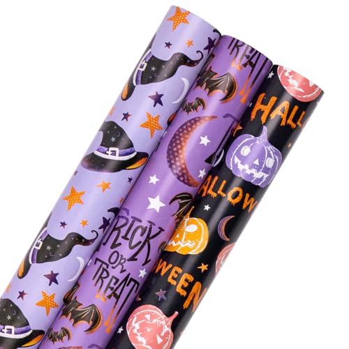 RUSPEPA Halloween-Geschenkpapierrollen – Mini-Rolle – perfekt für Halloween, Herbst, Feiertage – 43,2 cm x 3,05 m pro Rolle, insgesamt 3 Rollen – Fledermaus, Kürbis, Hexenhut von RUSPEPA