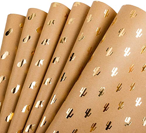 RUSPEPA Packpapier Kraftblatt - Goldfolie Ananas Kaktus Einhorn Bedrucktes Kraftpapier - 44,5 X 76 cm - 6 Blatt Verpackt Als 1 Rolle von RUSPEPA