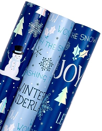 RUSPEPA Weihnachts-Geschenkpapierrolle – 3 Rollen – 43,2 x 305 cm pro Rolle – Blaue und weiße Winterwunderland-, Schneeflocken- und Schneemann-Ferienkollektion mit metallischem Folienglanz von RUSPEPA