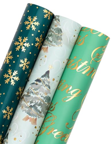 RUSPEPA Weihnachts-Geschenkpapierrolle –3 Rollen–43,2 x 305 cm pro Rolle–Schriftzug „Grüner Weihnachtsbaum“, „Schneeflocke“ und „Festliche Wünsche“, Weihnachtskollektion mit metallischem von RUSPEPA